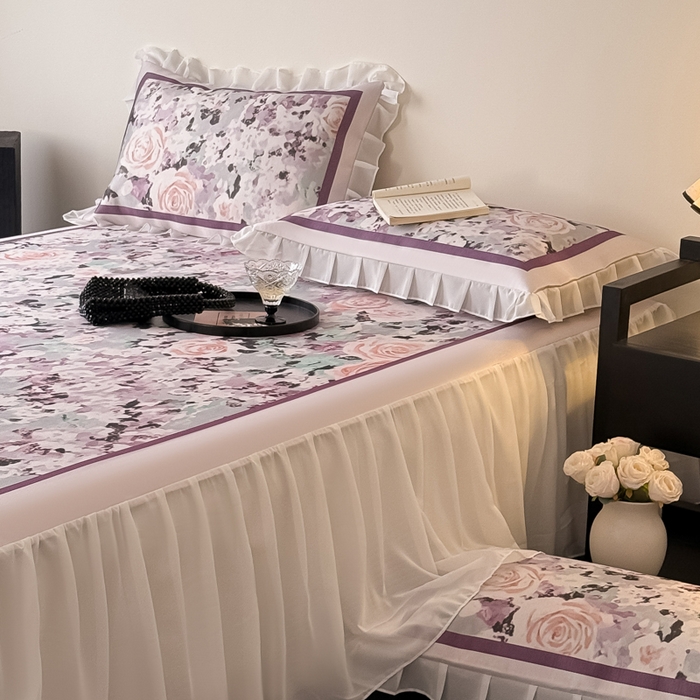 91家纺网 家纺一手货源 找家纺 懒猫家纺 2026新款高精密冰丝雪纺床裙凉席 解语花