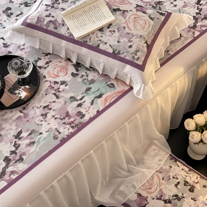 91家纺网 家纺一手货源 找家纺 懒猫家纺 2026新款高精密冰丝雪纺床裙凉席 解语花