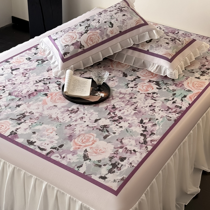 91家纺网 家纺一手货源 找家纺 懒猫家纺 2026新款高精密冰丝雪纺床裙凉席 解语花