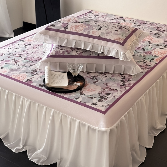 91家纺网 家纺一手货源 找家纺 懒猫家纺 2026新款高精密冰丝雪纺床裙凉席 解语花