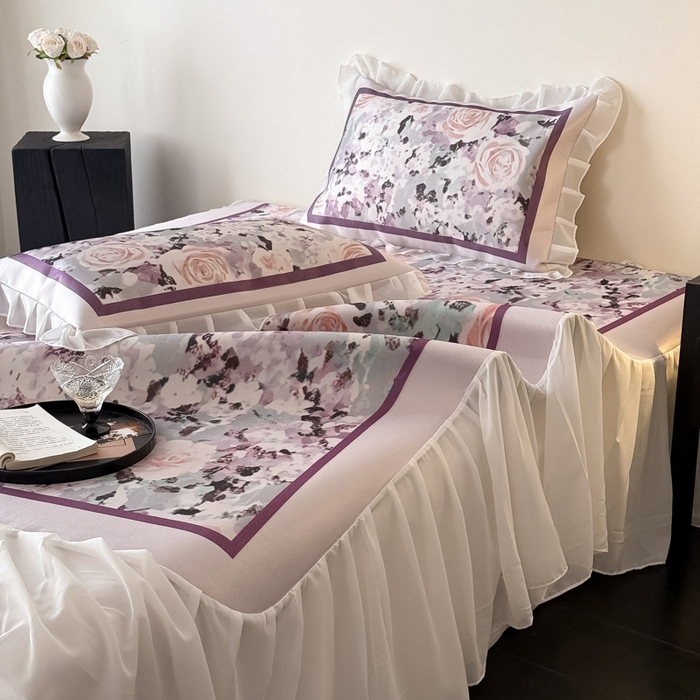 91家纺网 家纺一手货源 找家纺 懒猫家纺 2026新款高精密冰丝雪纺床裙凉席 解语花