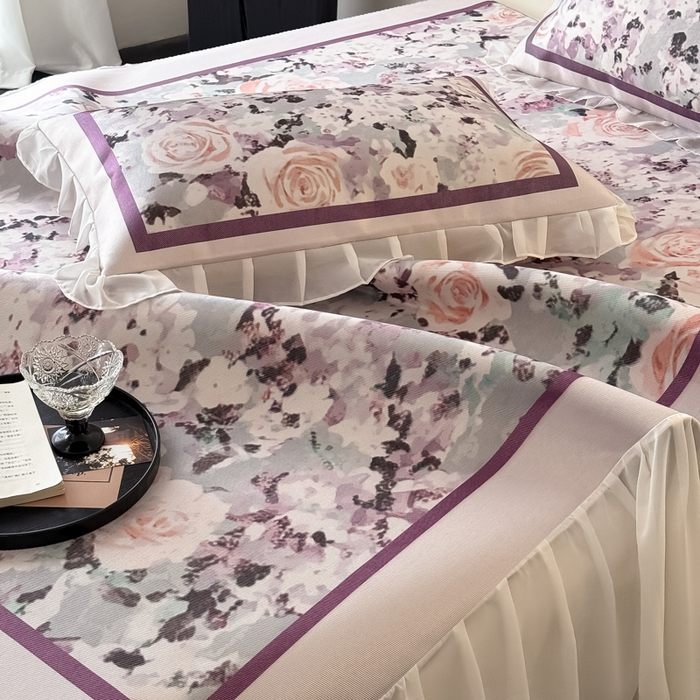 91家纺网 家纺一手货源 找家纺 懒猫家纺 2026新款高精密冰丝雪纺床裙凉席 解语花