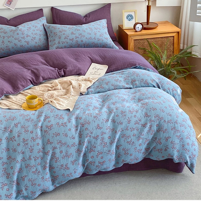 91家纺网 家纺一手货源 找家纺 春皖家纺 2026新款全棉纯棉拉链款双层纱四件套 花漾兰