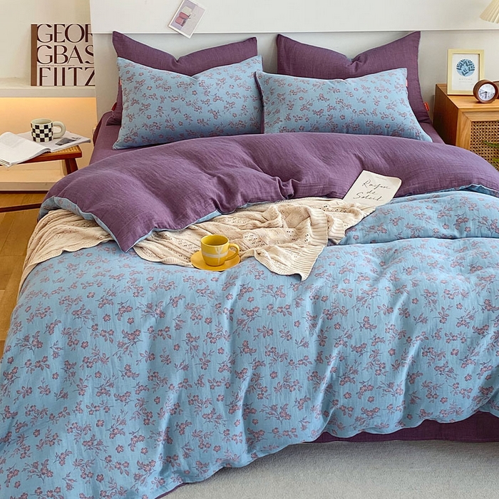 91家纺网 家纺一手货源 找家纺 春皖家纺 2026新款全棉纯棉拉链款双层纱四件套 花漾兰