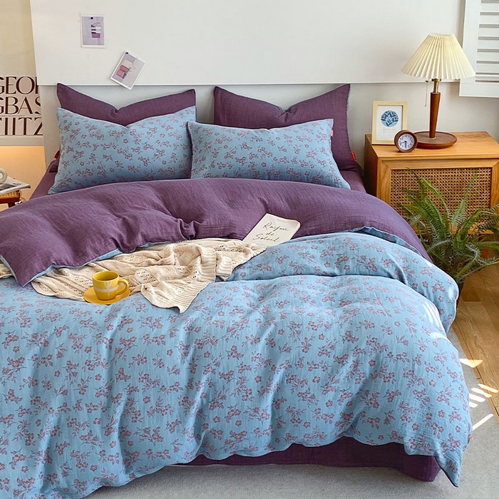 91家纺网 家纺一手货源 找家纺 春皖家纺 2026新款全棉纯棉拉链款双层纱四件套 花漾兰