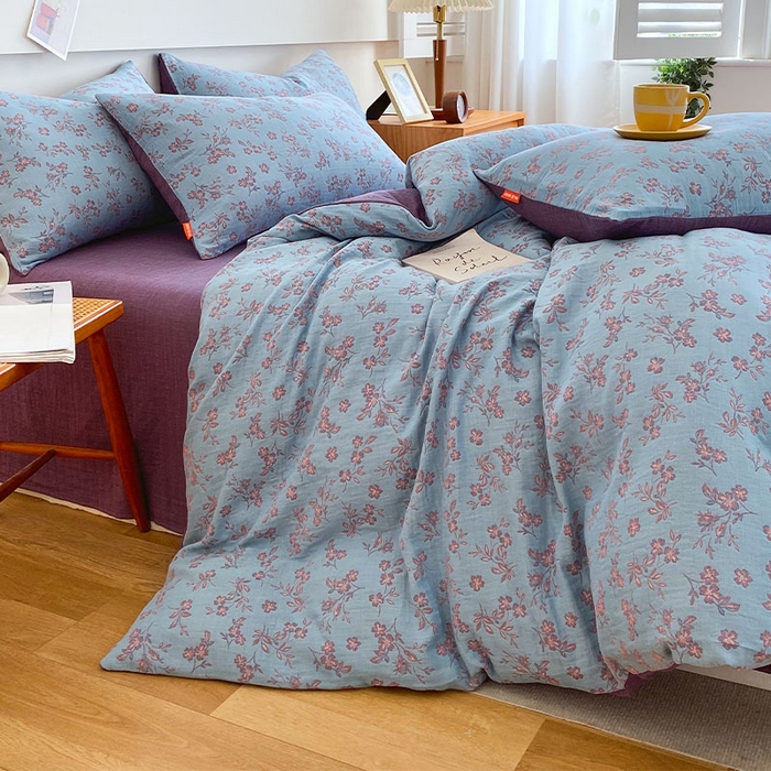 91家纺网 家纺一手货源 找家纺 春皖家纺 2026新款全棉纯棉拉链款双层纱四件套 花漾兰