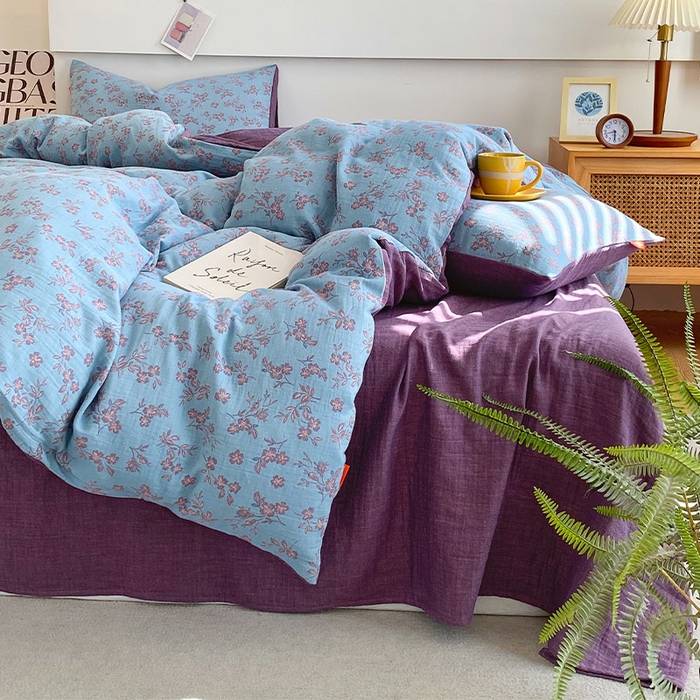 91家纺网 家纺一手货源 找家纺 春皖家纺 2026新款全棉纯棉拉链款双层纱四件套 花漾兰