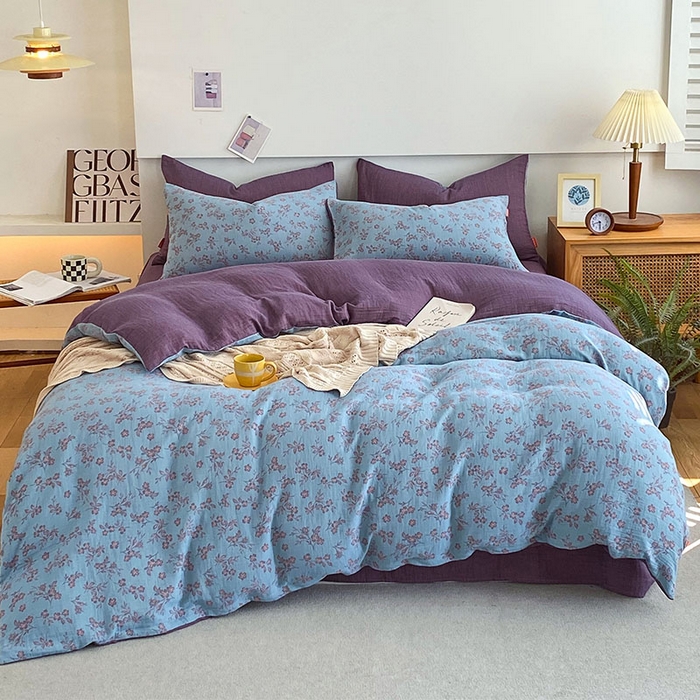 91家纺网 家纺一手货源 找家纺 春皖家纺 2026新款全棉纯棉拉链款双层纱四件套 花漾兰