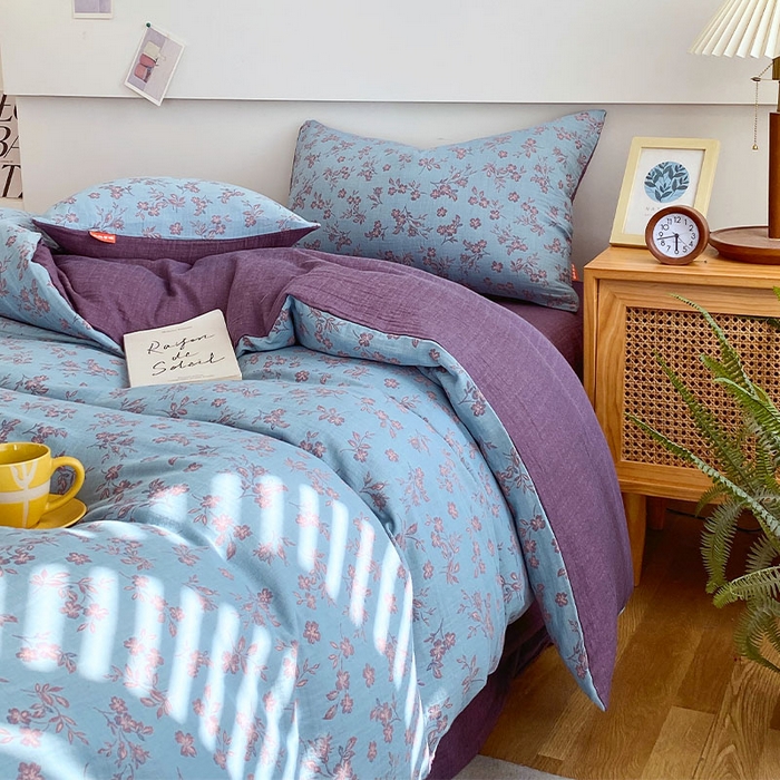 91家纺网 家纺一手货源 找家纺 春皖家纺 2026新款全棉纯棉拉链款双层纱四件套 花漾兰