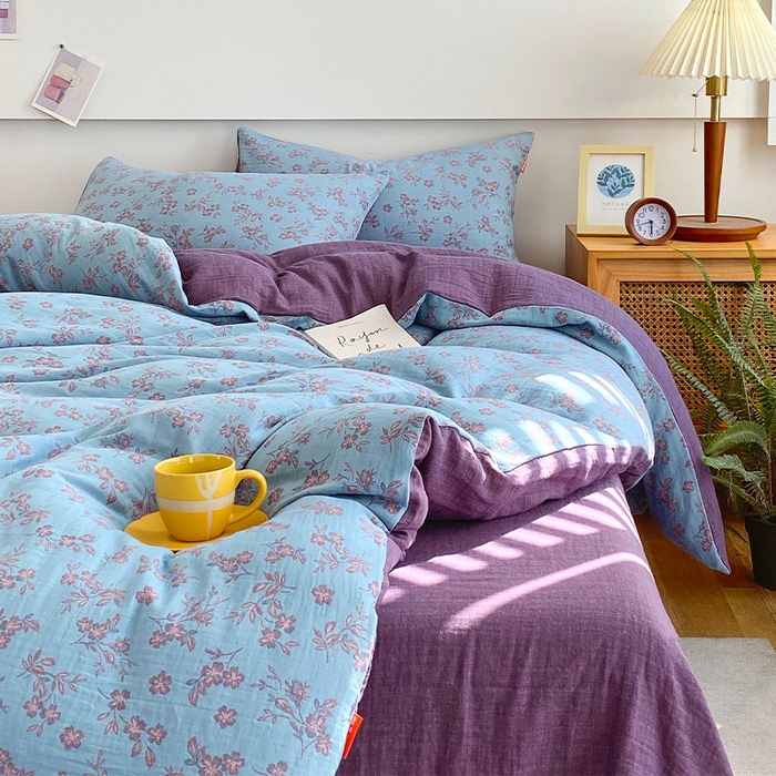 91家纺网 家纺一手货源 找家纺 春皖家纺 2026新款全棉纯棉拉链款双层纱四件套 花漾兰