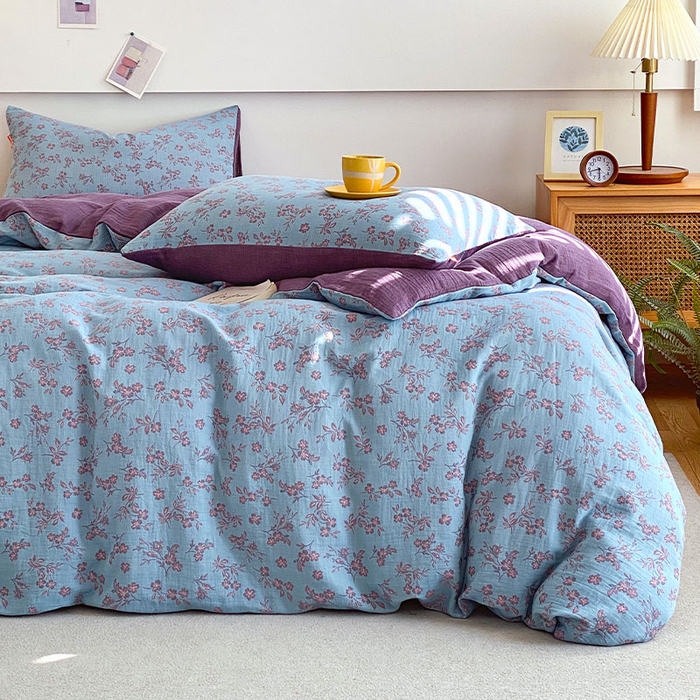 91家纺网 家纺一手货源 找家纺 春皖家纺 2026新款全棉纯棉拉链款双层纱四件套 花漾兰