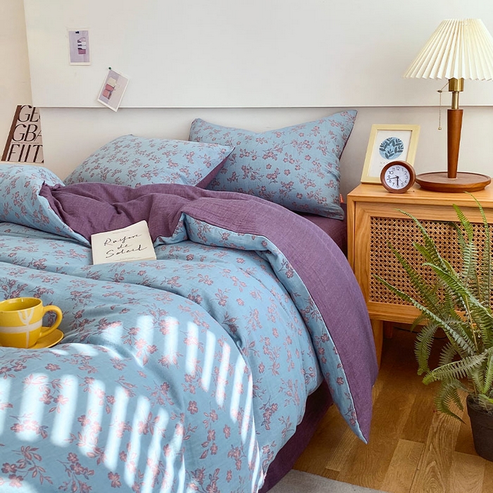 91家纺网 家纺一手货源 找家纺 春皖家纺 2026新款全棉纯棉拉链款双层纱四件套 花漾兰