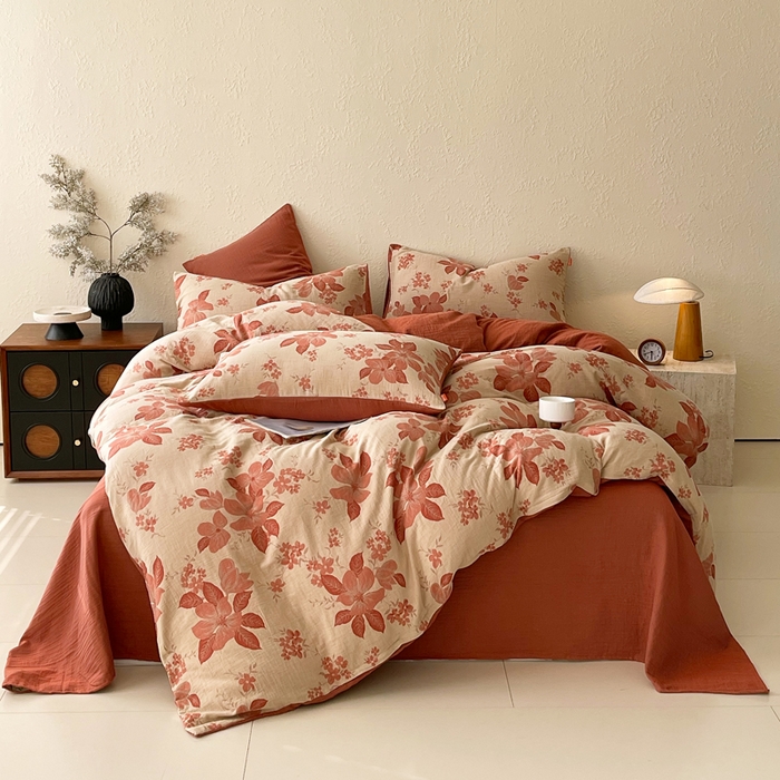 91家纺网 家纺一手货源 找家纺 春皖家纺 2026新款全棉纯棉拉链款双层纱四件套 绮帐-红