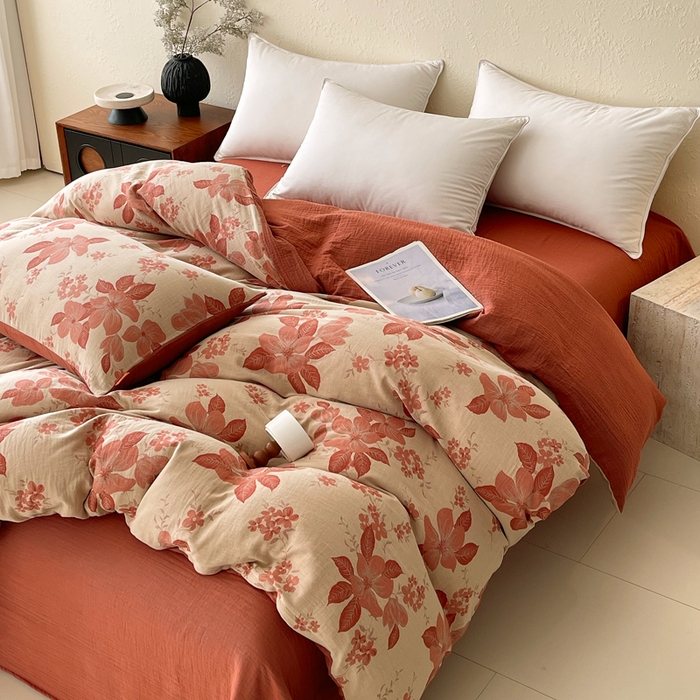 91家纺网 家纺一手货源 找家纺 春皖家纺 2026新款全棉纯棉拉链款双层纱四件套 绮帐-红