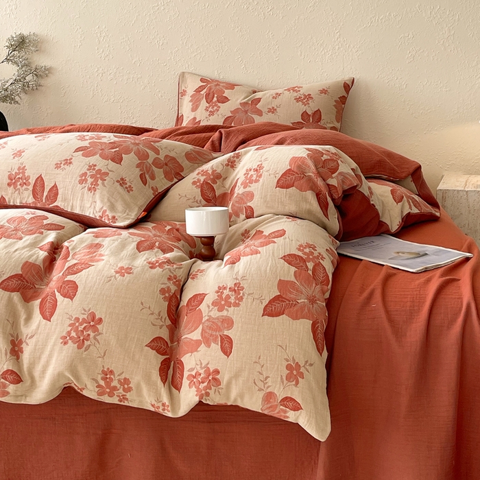 91家纺网 家纺一手货源 找家纺 春皖家纺 2026新款全棉纯棉拉链款双层纱四件套 绮帐-红