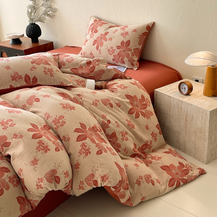 91家纺网 家纺一手货源 找家纺 春皖家纺 2026新款全棉纯棉拉链款双层纱四件套 绮帐-红