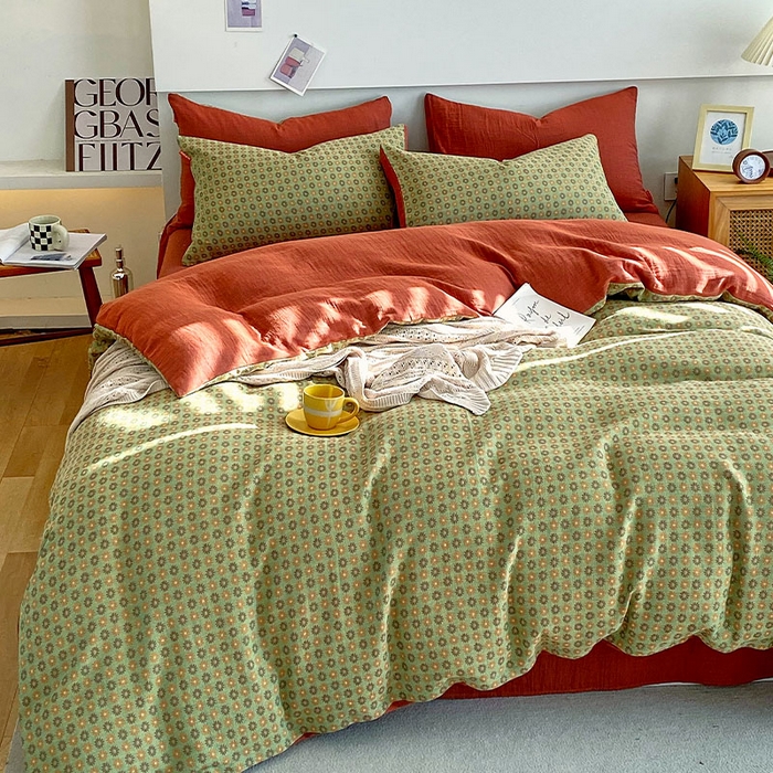 91家纺网 家纺一手货源 找家纺 春皖家纺 2026新款全棉纯棉拉链款双层纱四件套 夏洛克绿