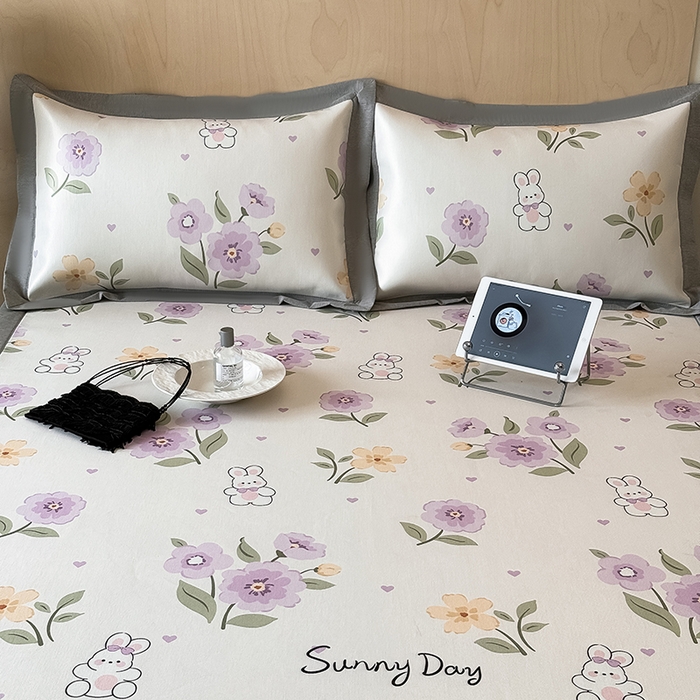 91家纺网 家纺一手货源 找家纺 懒猫家纺 2026新款高精密冰丝抗菌防螨床席床笠凉席 春日小兔床席