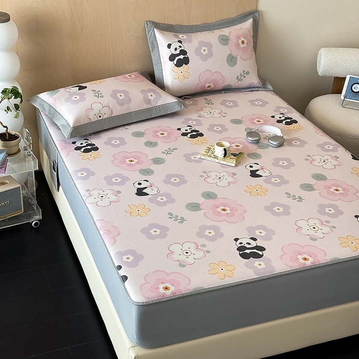 91家纺网 家纺一手货源 找家纺 懒猫家纺 2026新款高精密冰丝抗菌防螨床席床笠凉席 快乐熊猫床席