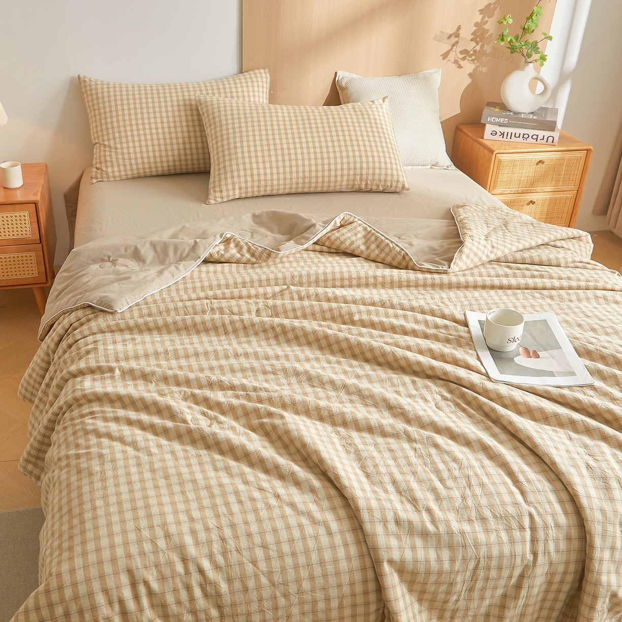 91家纺网 家纺一手货源 找家纺 金喜 2026新款A类全棉色织水洗棉夏被夏凉被 朵拉咖