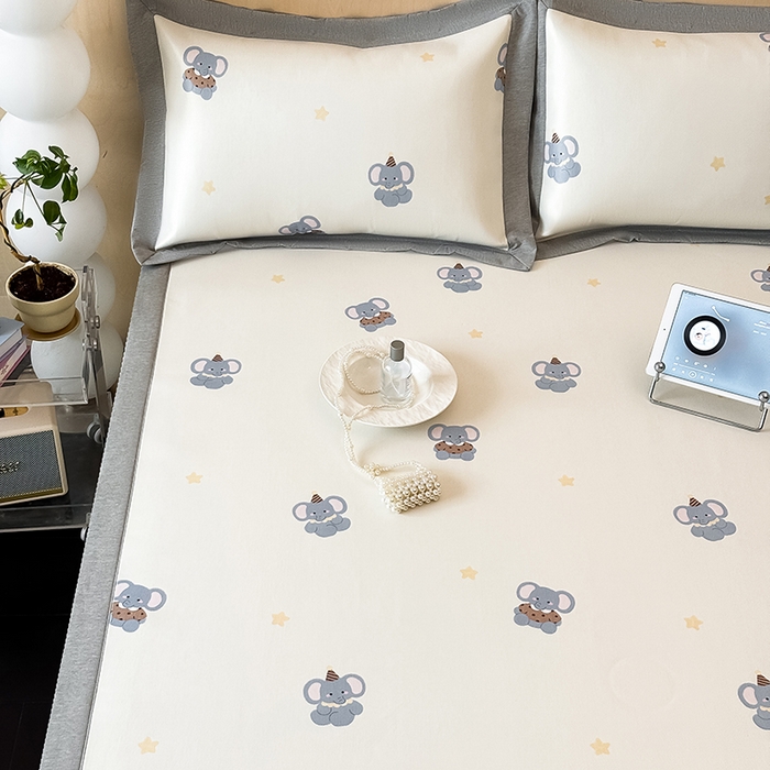 91家纺网 家纺一手货源 找家纺 懒猫家纺 2026新款高精密冰丝抗菌防螨床席床笠凉席 蓝色小象床席