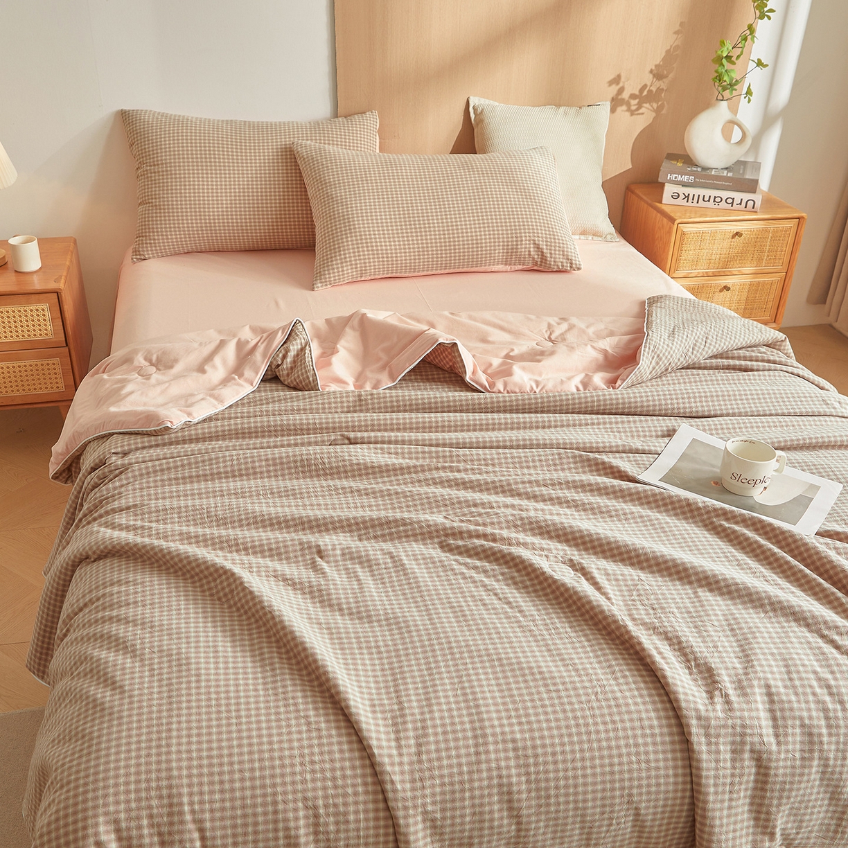 91家纺网 家纺一手货源 找家纺 金喜 2026新款A类全棉色织水洗棉夏被夏凉被 琥珀粉