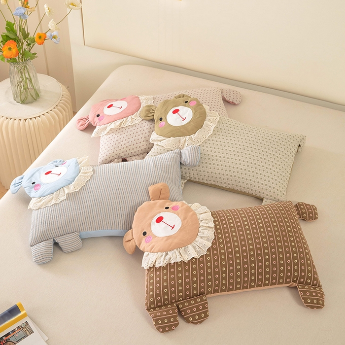 91家纺网 家纺一手货源 找家纺 （总）梦莱家纺 2026新款水洗棉麻荞麦枕枕头枕芯系列-花边熊