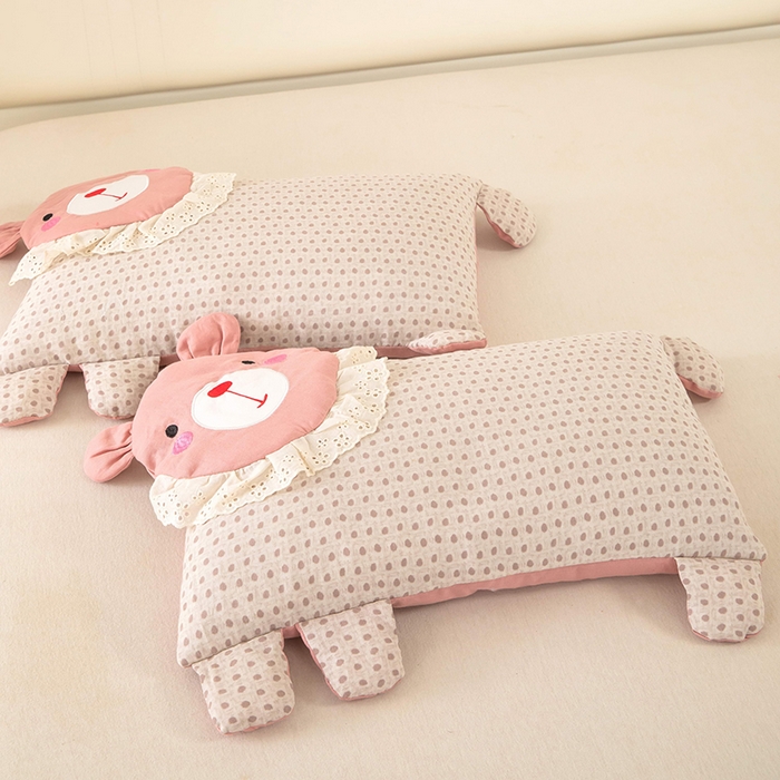 梦莱家纺 2026新款水洗棉麻荞麦枕枕头枕芯系列-花边熊 花边熊-粉