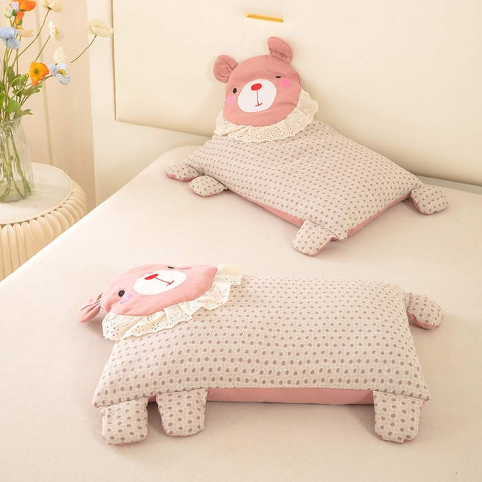 91家纺网 家纺一手货源 找家纺 梦莱家纺 2026新款水洗棉麻荞麦枕枕头枕芯系列-花边熊 花边熊-粉