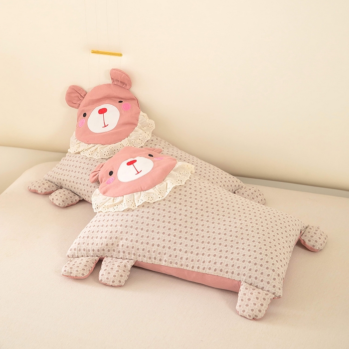 91家纺网 家纺一手货源 找家纺 梦莱家纺 2026新款水洗棉麻荞麦枕枕头枕芯系列-花边熊 花边熊-粉