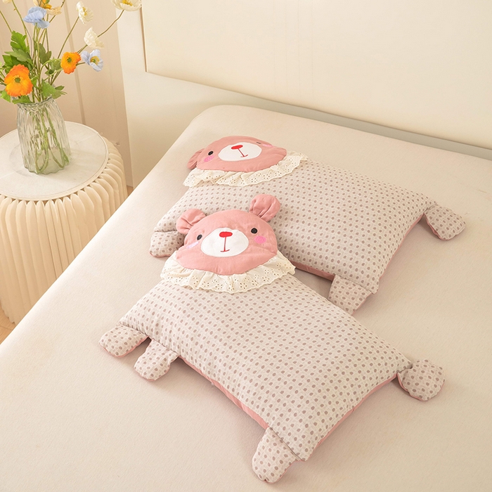 91家纺网 家纺一手货源 找家纺 梦莱家纺 2026新款水洗棉麻荞麦枕枕头枕芯系列-花边熊 花边熊-粉