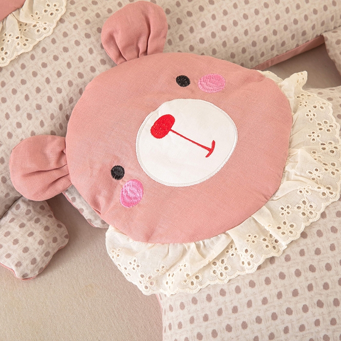 91家纺网 家纺一手货源 找家纺 梦莱家纺 2026新款水洗棉麻荞麦枕枕头枕芯系列-花边熊 花边熊-粉