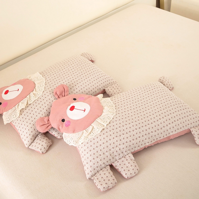 91家纺网 家纺一手货源 找家纺 梦莱家纺 2026新款水洗棉麻荞麦枕枕头枕芯系列-花边熊 花边熊-粉