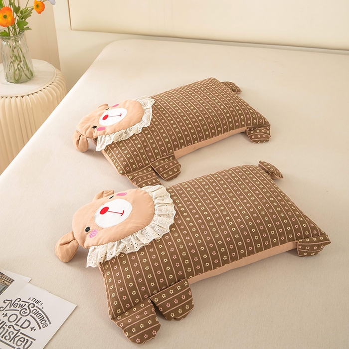 91家纺网 家纺一手货源 找家纺 梦莱家纺 2026新款水洗棉麻荞麦枕枕头枕芯系列-花边熊 花边熊-咖