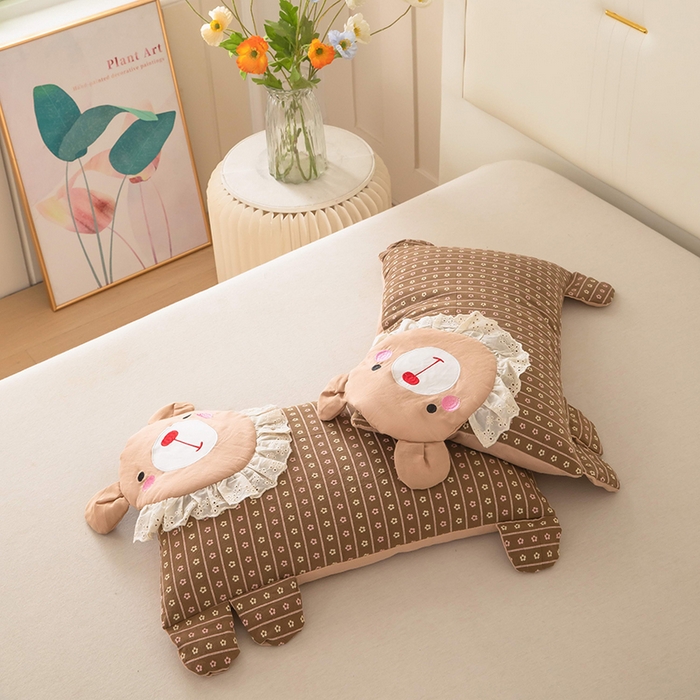 91家纺网 家纺一手货源 找家纺 梦莱家纺 2026新款水洗棉麻荞麦枕枕头枕芯系列-花边熊 花边熊-咖