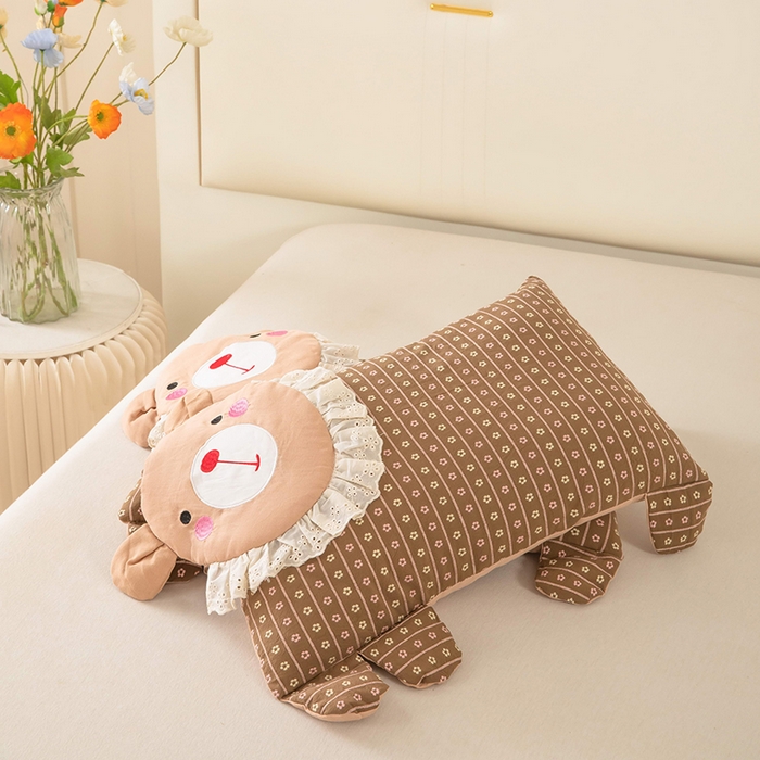 91家纺网 家纺一手货源 找家纺 梦莱家纺 2026新款水洗棉麻荞麦枕枕头枕芯系列-花边熊 花边熊-咖