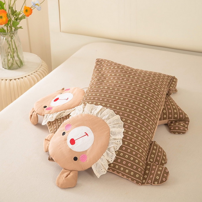 91家纺网 家纺一手货源 找家纺 梦莱家纺 2026新款水洗棉麻荞麦枕枕头枕芯系列-花边熊 花边熊-咖