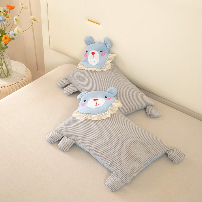 91家纺网 家纺一手货源 找家纺 梦莱家纺 2026新款水洗棉麻荞麦枕枕头枕芯系列-花边熊 花边熊-蓝