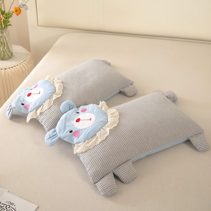 91家纺网 家纺一手货源 找家纺 梦莱家纺 2026新款水洗棉麻荞麦枕枕头枕芯系列-花边熊 花边熊-蓝