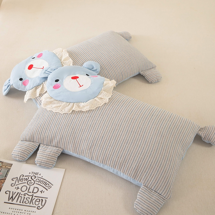 91家纺网 家纺一手货源 找家纺 梦莱家纺 2026新款水洗棉麻荞麦枕枕头枕芯系列-花边熊 花边熊-蓝