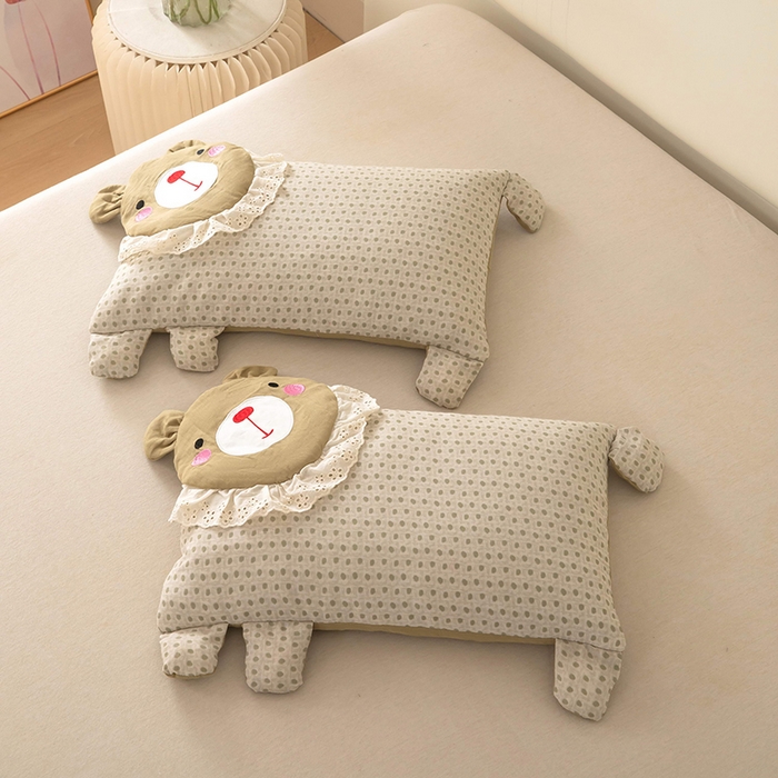 梦莱家纺 2026新款水洗棉麻荞麦枕枕头枕芯系列-花边熊 花边熊卡其