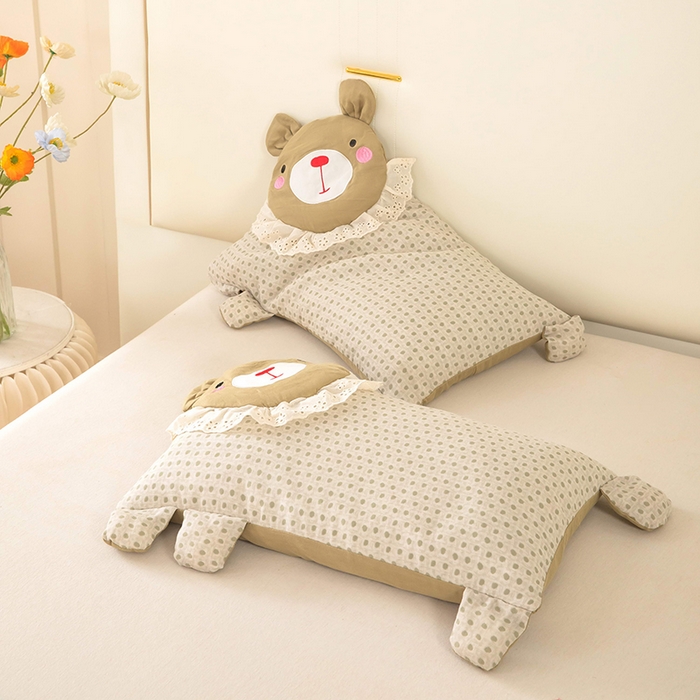 91家纺网 家纺一手货源 找家纺 梦莱家纺 2026新款水洗棉麻荞麦枕枕头枕芯系列-花边熊 花边熊卡其