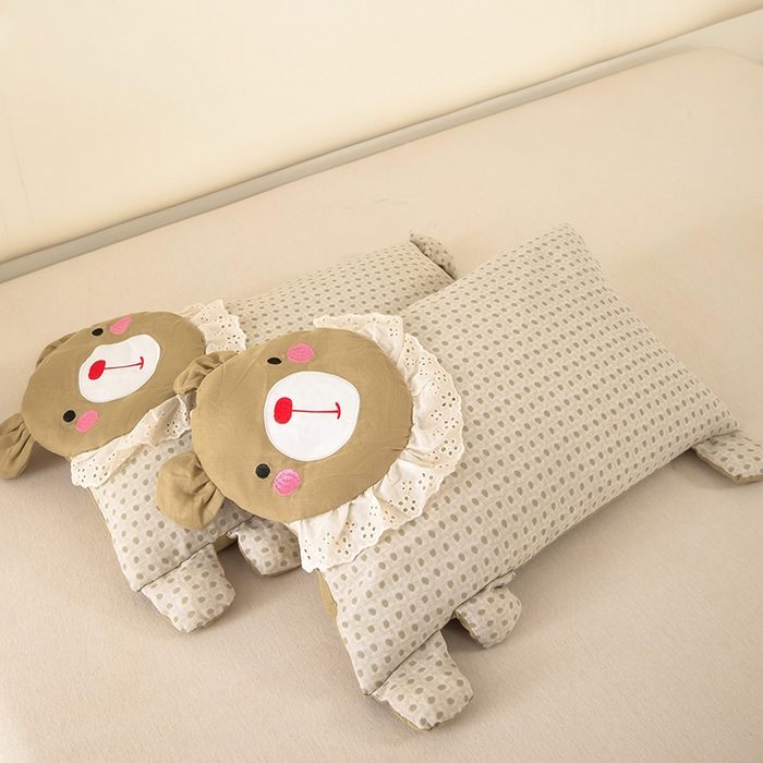 91家纺网 家纺一手货源 找家纺 梦莱家纺 2026新款水洗棉麻荞麦枕枕头枕芯系列-花边熊 花边熊卡其