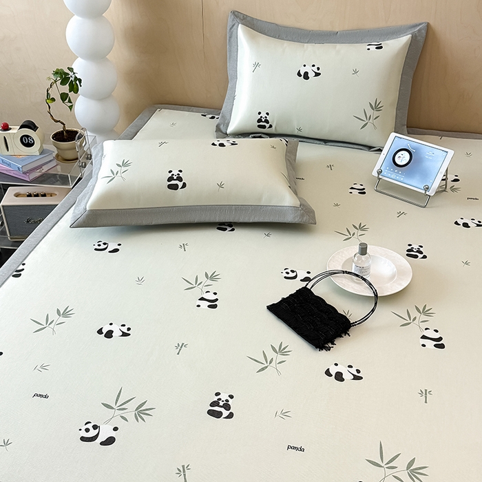 91家纺网 家纺一手货源 找家纺 懒猫家纺 2026新款高精密冰丝抗菌防螨床席床笠凉席 熊猫乐园-绿床席