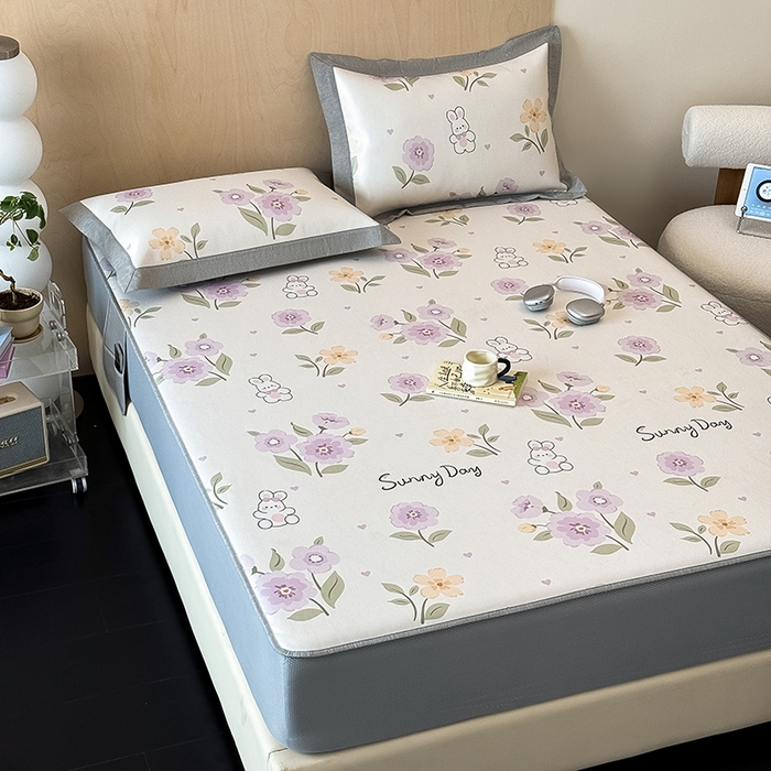 91家纺网 家纺一手货源 找家纺 懒猫家纺 2026新款高精密冰丝抗菌防螨床席床笠凉席 春日小兔床笠