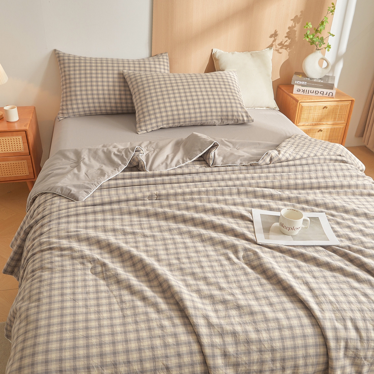 91家纺网 家纺一手货源 找家纺 金喜 2026新款A类全棉色织水洗棉夏被夏凉被 焕花灰