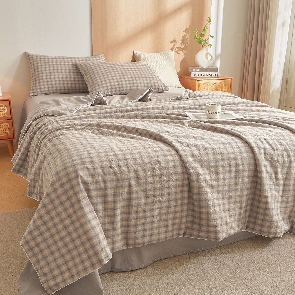 91家纺网 家纺一手货源 找家纺 金喜 2026新款A类全棉色织水洗棉夏被夏凉被 焕花灰