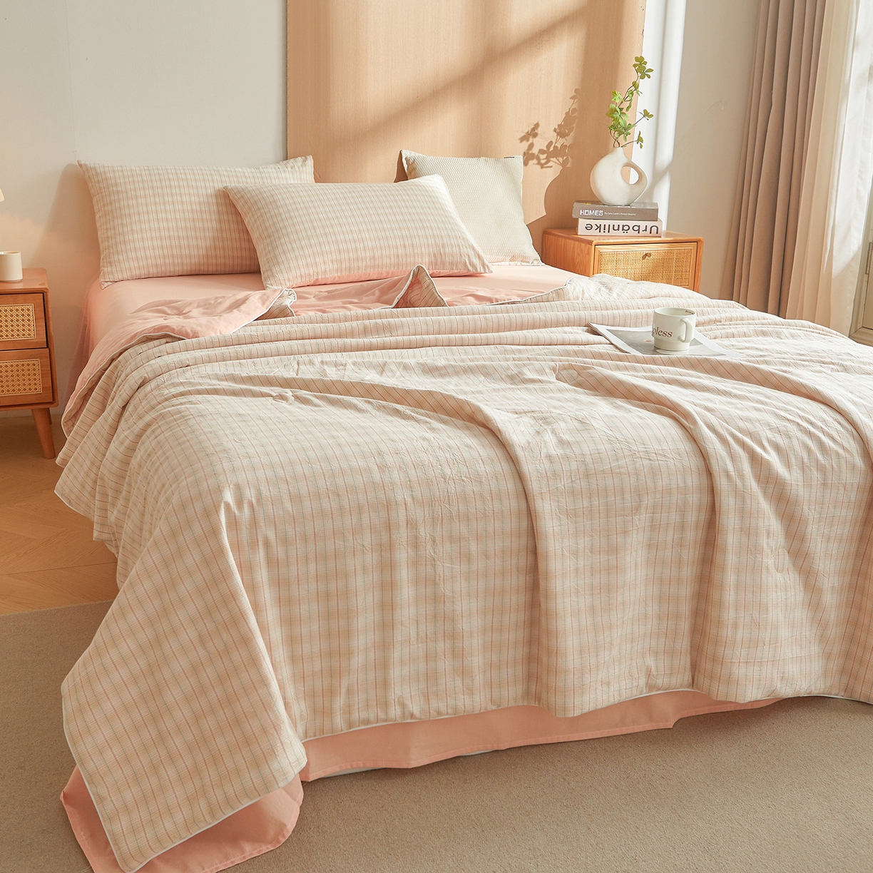 91家纺网 家纺一手货源 找家纺 金喜 2026新款A类全棉色织水洗棉夏被夏凉被 柠檬粉