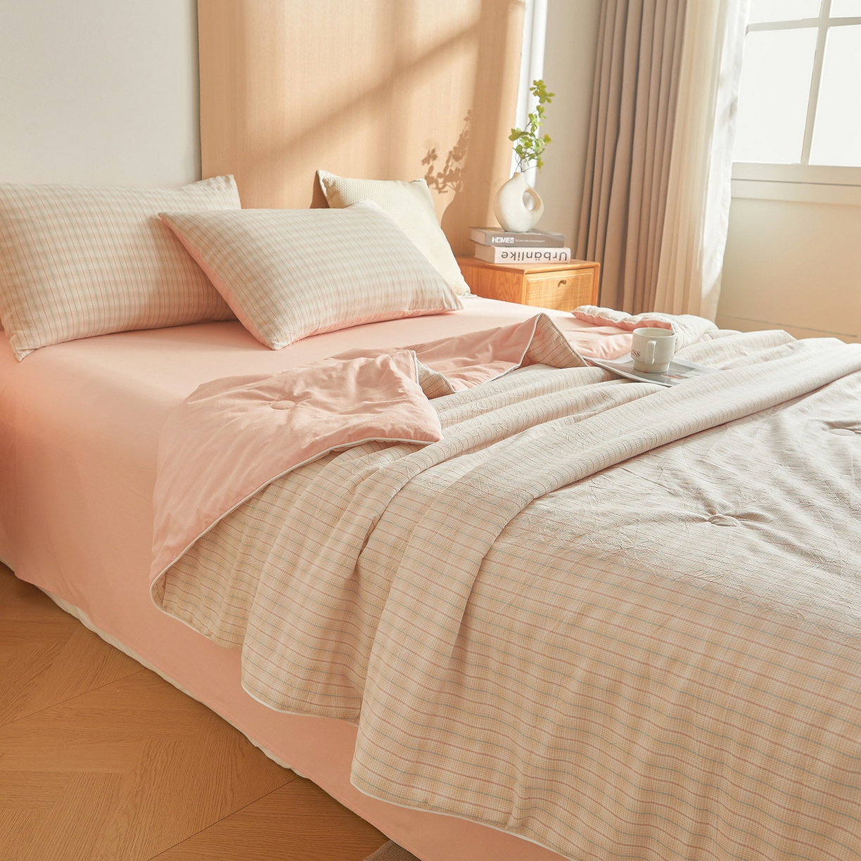 91家纺网 家纺一手货源 找家纺 金喜 2026新款A类全棉色织水洗棉夏被夏凉被 柠檬粉