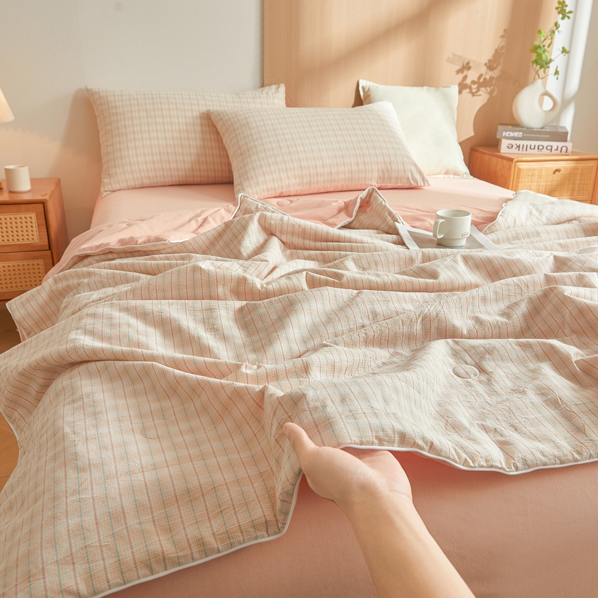 91家纺网 家纺一手货源 找家纺 金喜 2026新款A类全棉色织水洗棉夏被夏凉被 柠檬粉